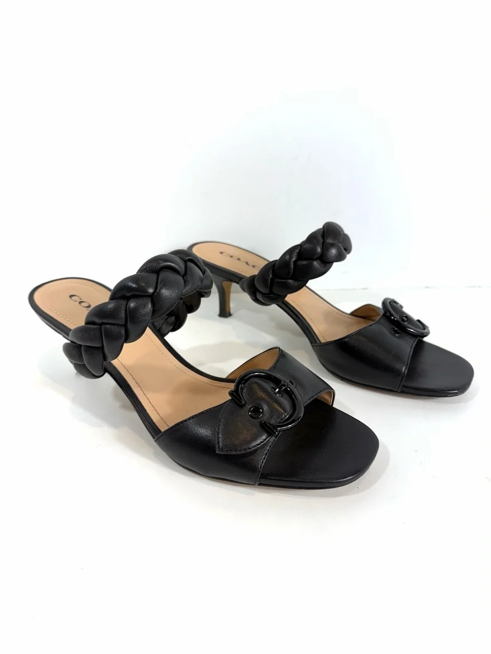 COACH Mollie Black Leather Braided Buckle Kitten Heel Mule Sandals US 9.5 B